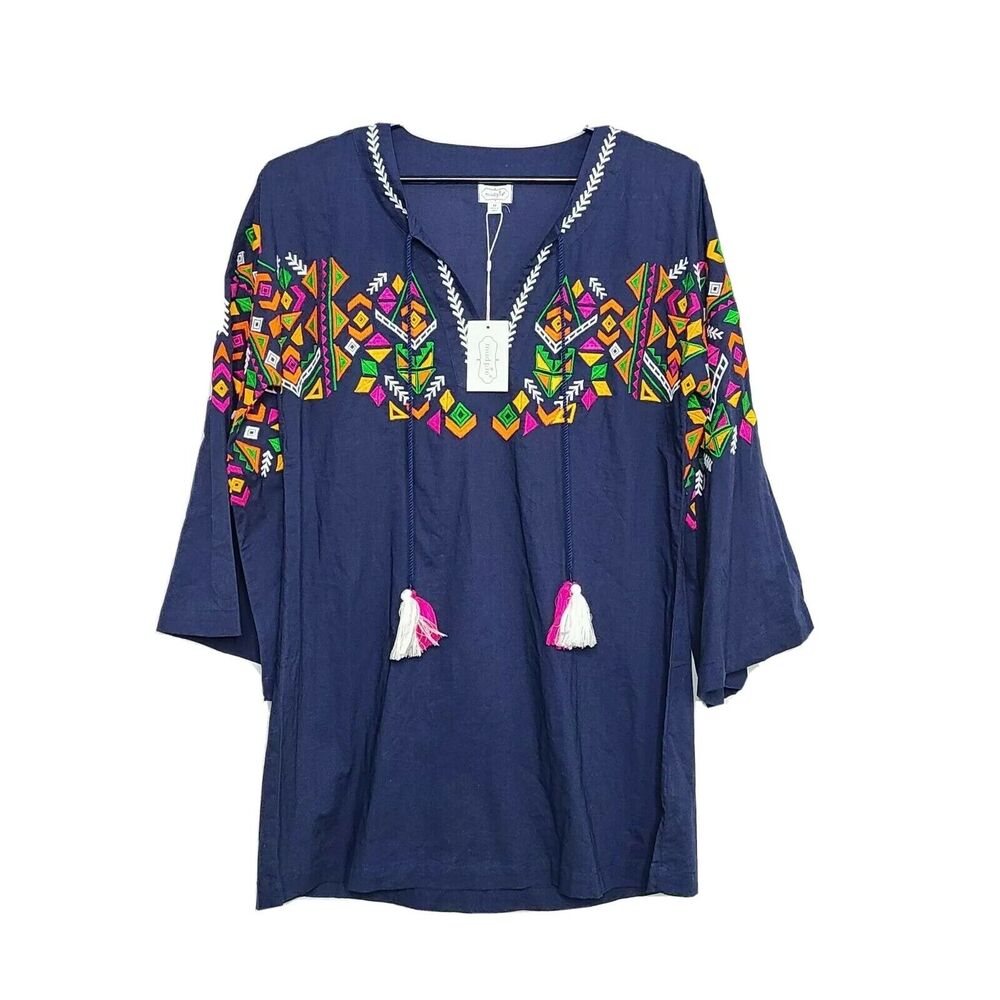 Mudpie Tillery Southwest Embroidered Cover-up Tunic Dress Navy Blue Medium